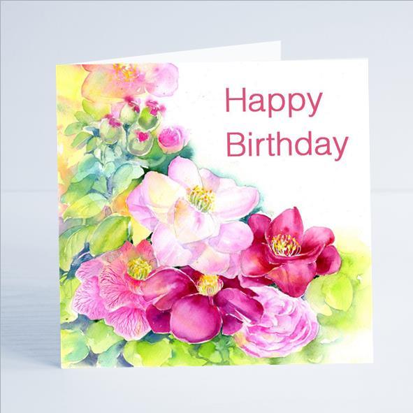 Camellias Flower Happy Birthday Card-Sheila Gill Fine Art
