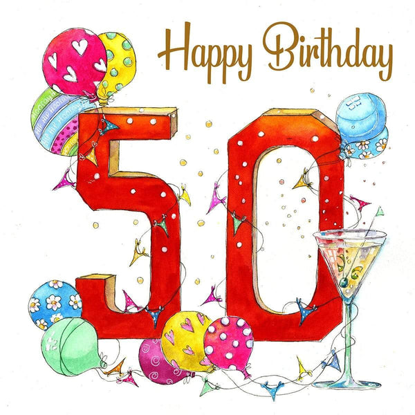 Happy 50th Birthday Greeting Card Artist Painted Numbers Colourful Balloons