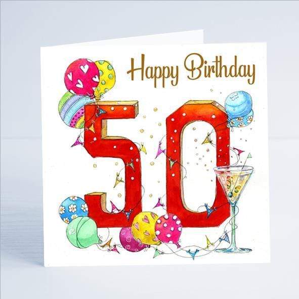Happy 50th Birthday Art Greeting Card Champagne and Balloons
