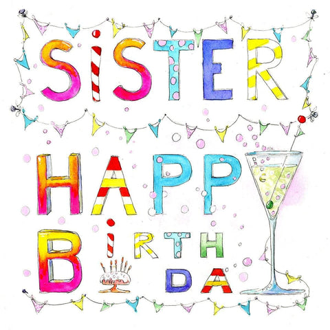 Sister-Happy-Birthday-Greetin-Card-Colouful-Bunting-Champage-bubbles-Painted-Artwork