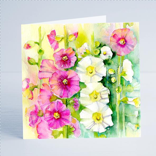 Hollyhocks Flower Card-Sheila Gill Fine Art