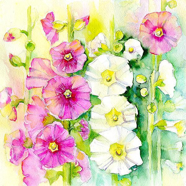Hollyhocks Flower Card-Sheila Gill Fine Art
